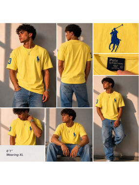 Polo Ralph Lauren Yellow Big Pony T-Shirt Men’s XL Blue Pony Logo #3 Sleeve